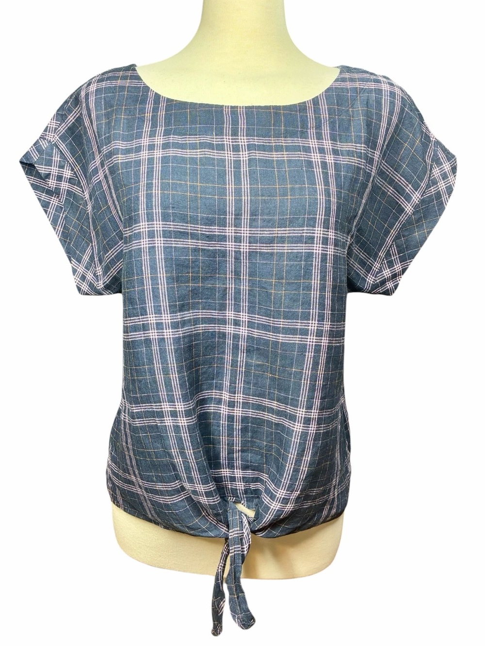 L. L. Bean Signature Navy Blue Pink Plaid Tie Front Short Sleeve Blouse Small